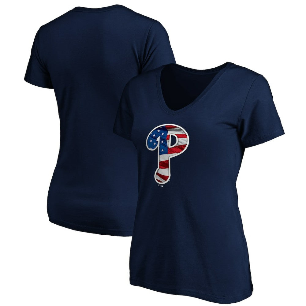Philadelphia Phillies Logo Women's Banner Wave V-Neck T-Shirt - Navy T-shirts