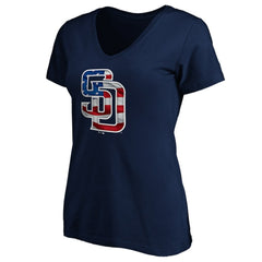 San Diego Padres Logo Women's Banner Wave V-Neck T-Shirt - Navy T-shirts