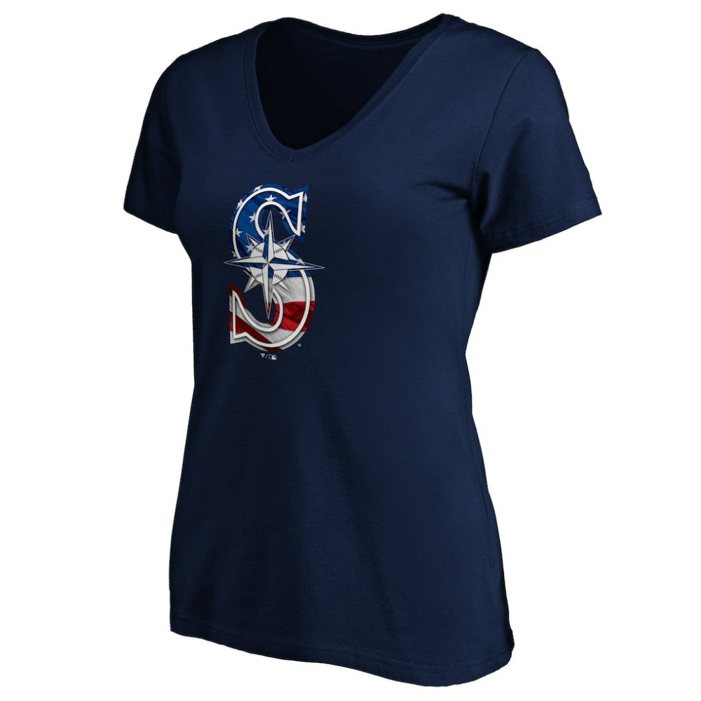 Seattle Mariners Logo Women's Banner Wave V-Neck T-Shirt - Navy T-shirts