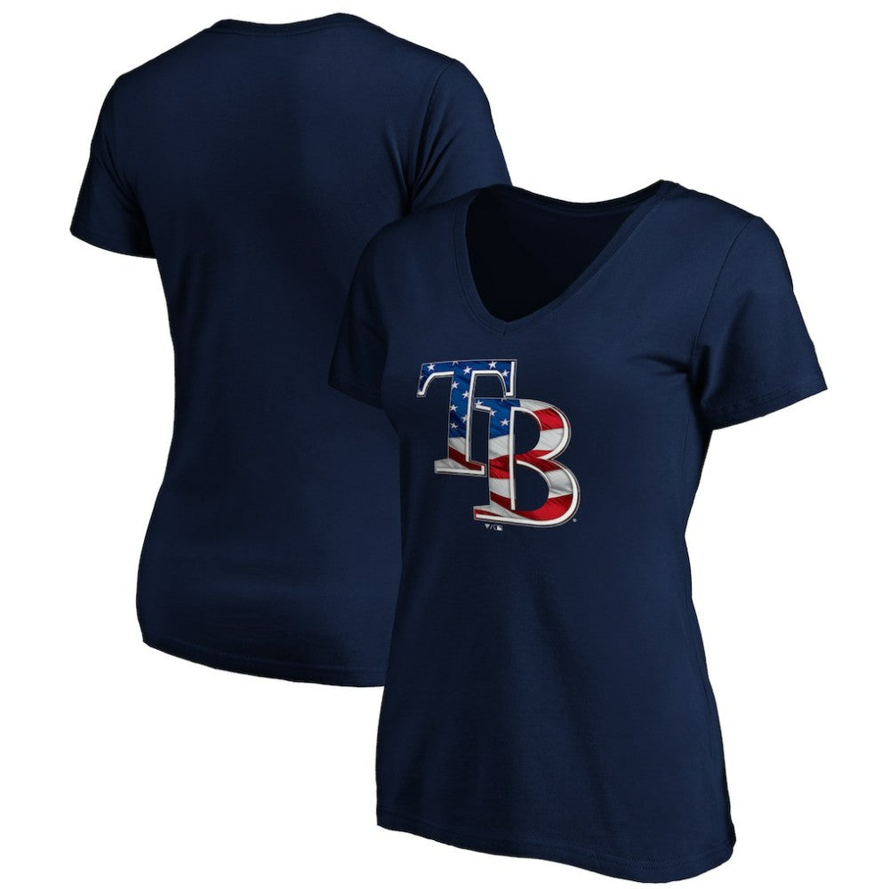 Tampa Bay Rays Logo Women's Banner Wave V-Neck T-Shirt - Navy T-shirts