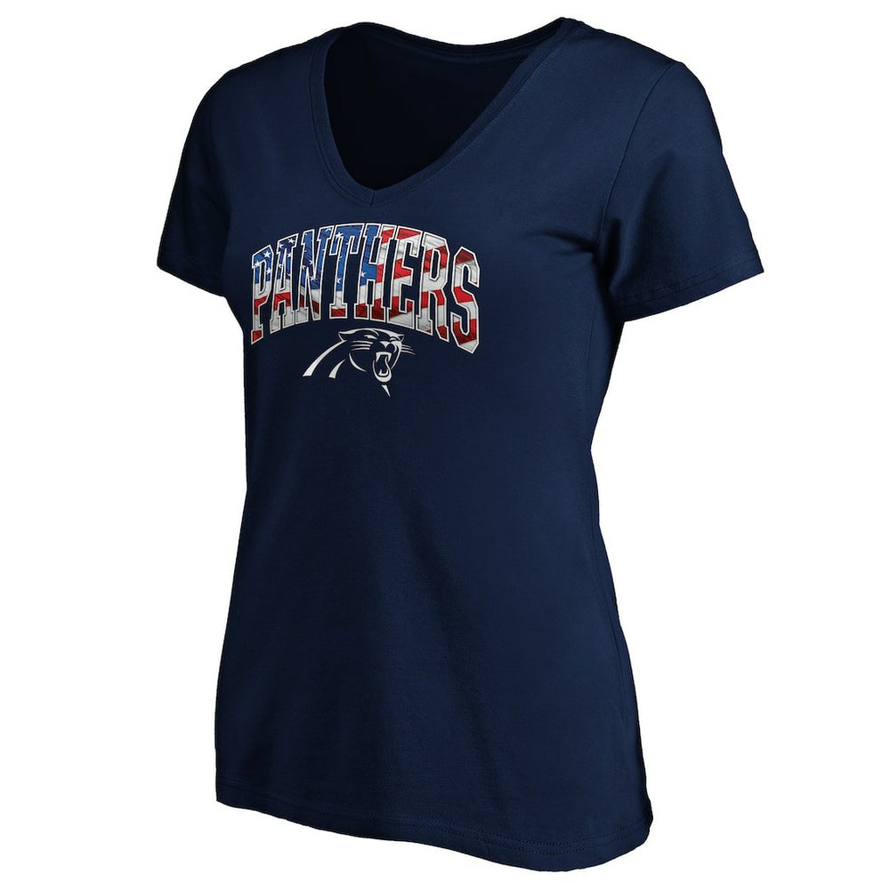Carolina Panthers Logo Women's Banner Wave V-Neck T-Shirt - Navy T-shirts