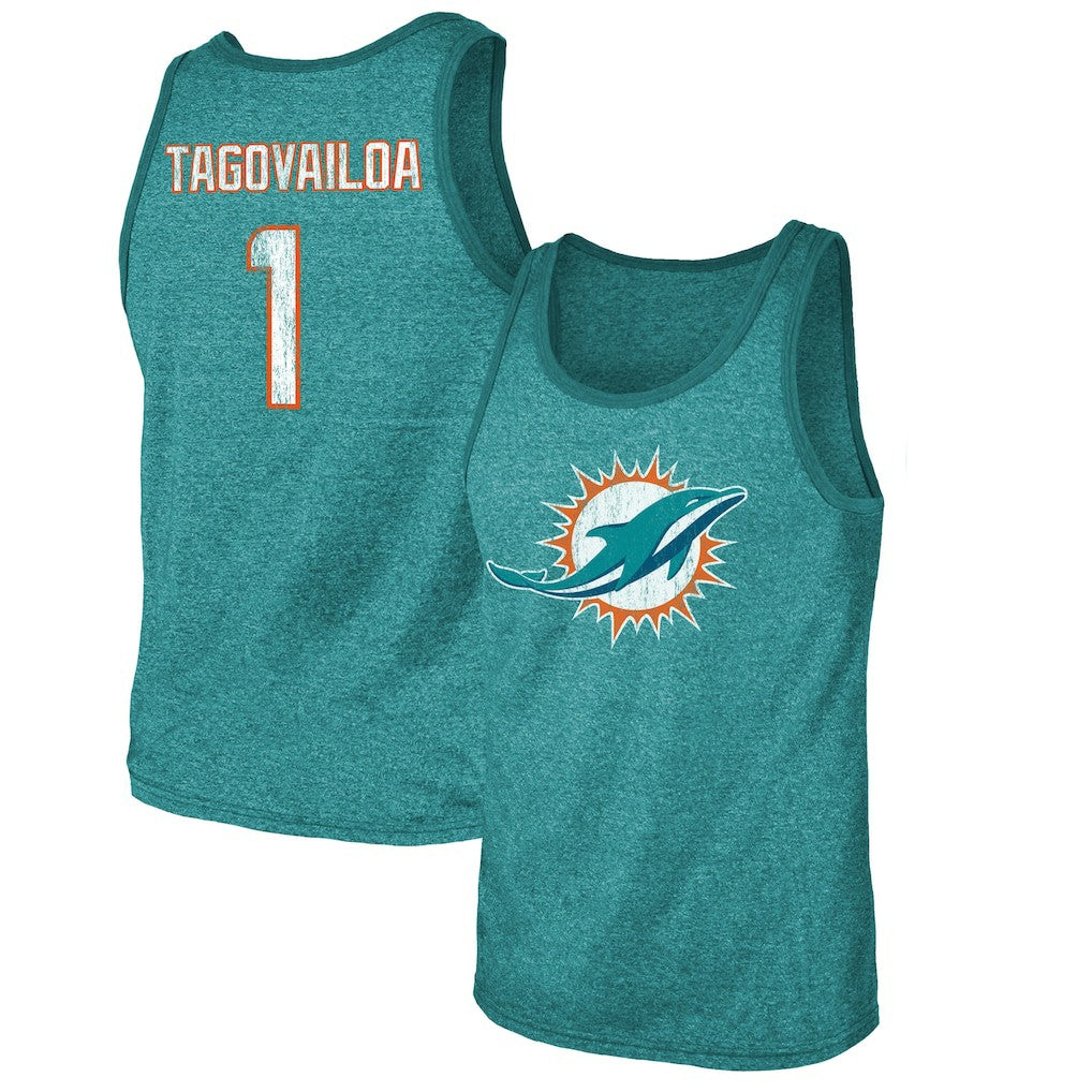 Tua Tagovailoa Miami Dolphins Majestic Threads Name & Number Tri-Blend Tank Top - Aqua Tops