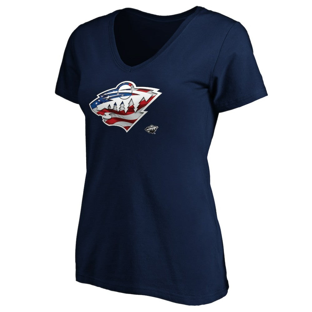 Minnesota Wild Women's Banner Wave Logo V-Neck T-Shirt T-Shirt - Navy | US 3930387