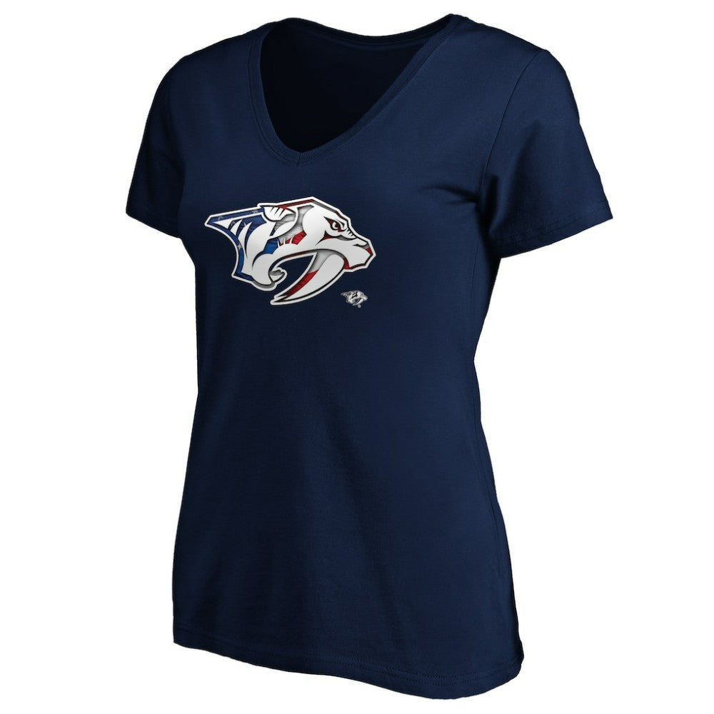 Nashville Predators Women's Banner Wave Logo V-Neck T-Shirt T-Shirt - Navy | US 3930388