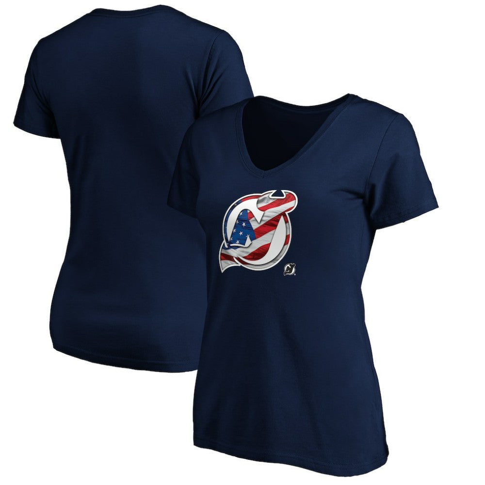 New Jersey Devils Women's Banner Wave Logo V-Neck T-Shirt T-Shirt - Navy | US 3930389