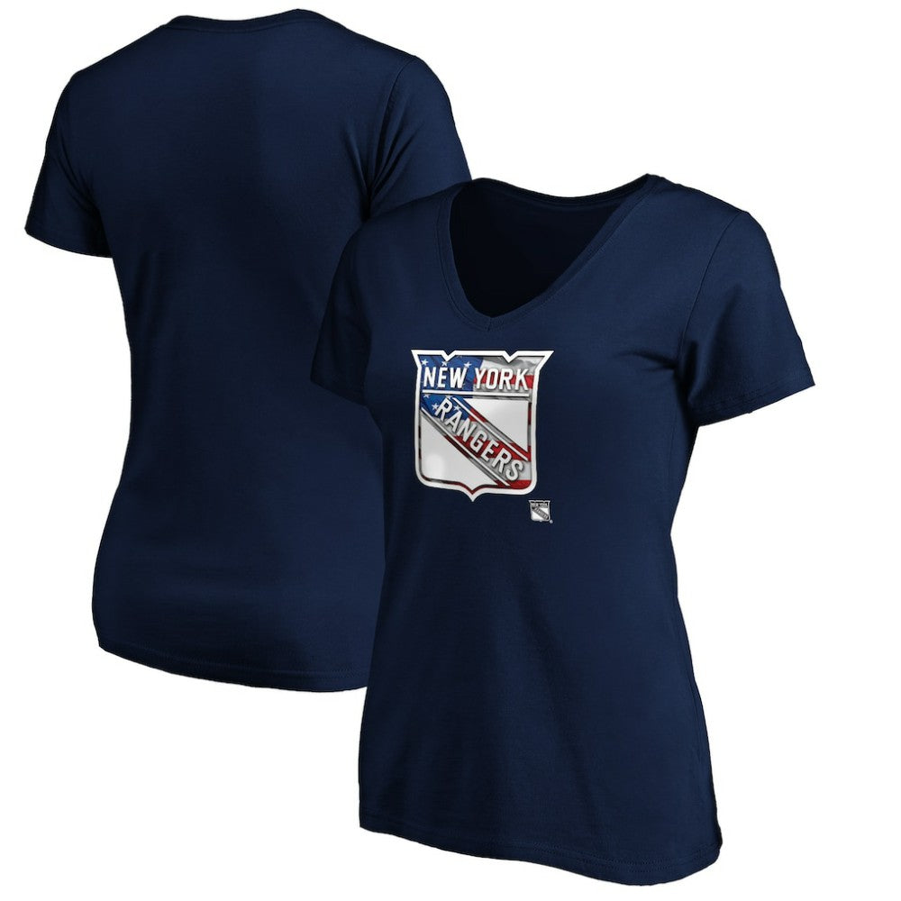 New York Rangers Women's Banner Wave Logo V-Neck T-Shirt T-Shirt - Navy | US 3930391