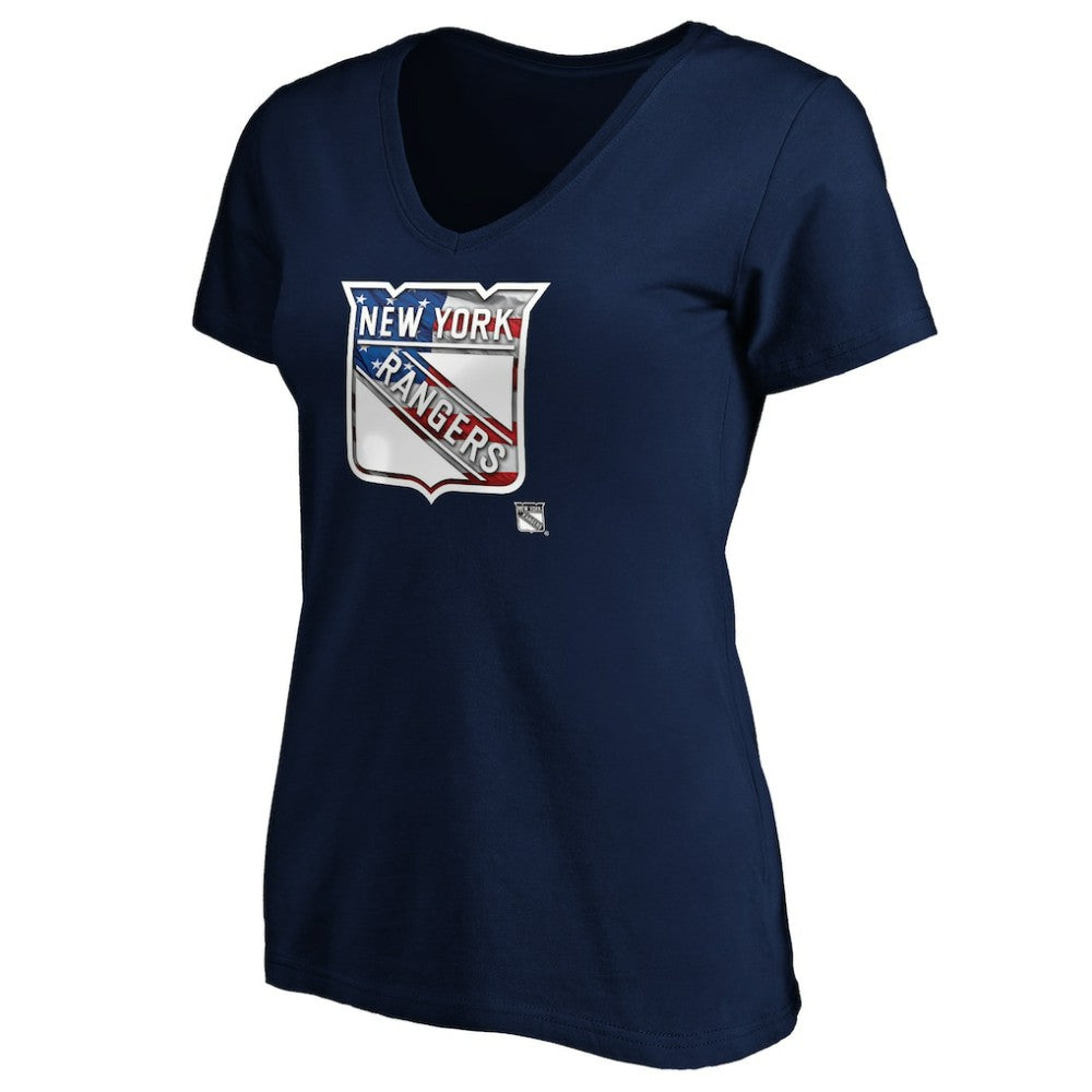New York Rangers Women's Banner Wave Logo V-Neck T-Shirt T-Shirt - Navy | US 3930391