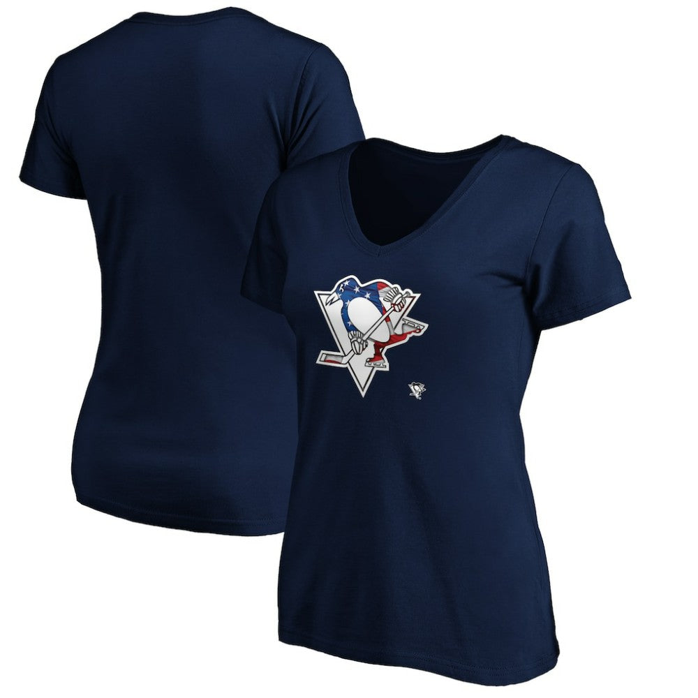 Pittsburgh Penguins Women's Banner Wave Logo V-Neck T-Shirt T-Shirt - Navy | US 3930393