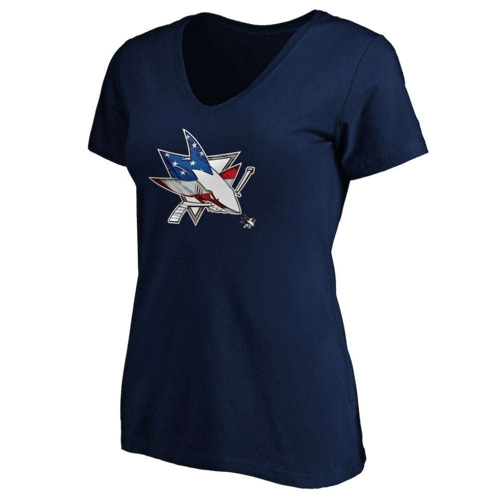 San Jose Sharks Women's Banner Wave Logo V-Neck T-Shirt T-Shirt - Navy | US 3930394