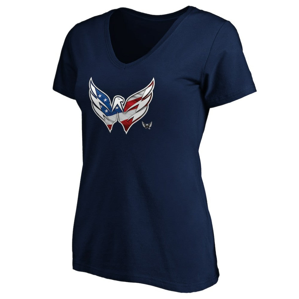 Washington Capitals Women's Banner Wave Logo V-Neck T-Shirt T-Shirt - Navy | US 3930398