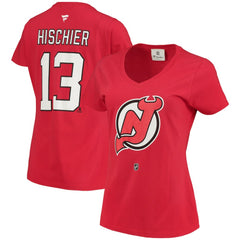 Nico Hischier New Jersey Devils Fanatics Women's Name & Number Logo V-Neck T-Shirt - Red | US 3947678