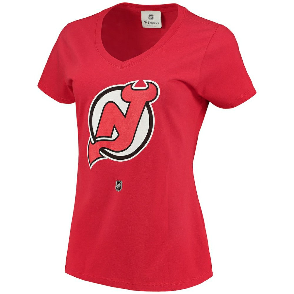 Nico Hischier New Jersey Devils Fanatics Women's Name & Number Logo V-Neck T-Shirt - Red | US 3947678