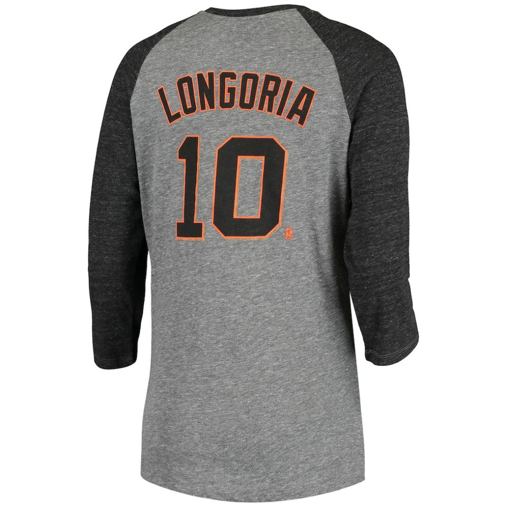 Evan Longoria San Francisco Giants 5th & Ocean by New Era Women's Script Name & Number Raglan Tri-Blend 3/4-Sleeve T-Shirt - Gray T-shirts
