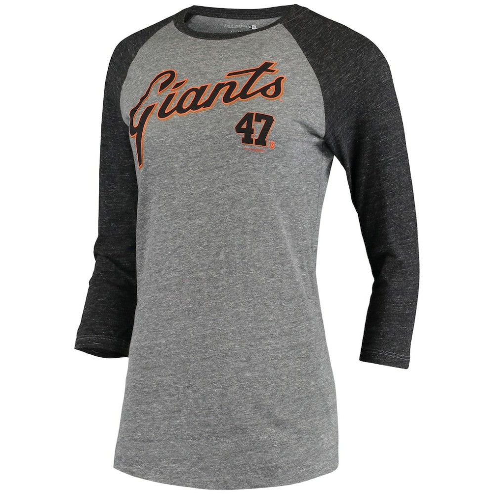 Johnny Cueto San Francisco Giants 5th & Ocean by New Era Women's Script Name & Number Raglan Tri-Blend 3/4-Sleeve T-Shirt - Gray T-shirts