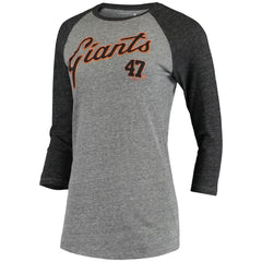 Johnny Cueto San Francisco Giants 5th & Ocean by New Era Women's Script Name & Number Raglan Tri-Blend 3/4-Sleeve T-Shirt - Gray T-shirts