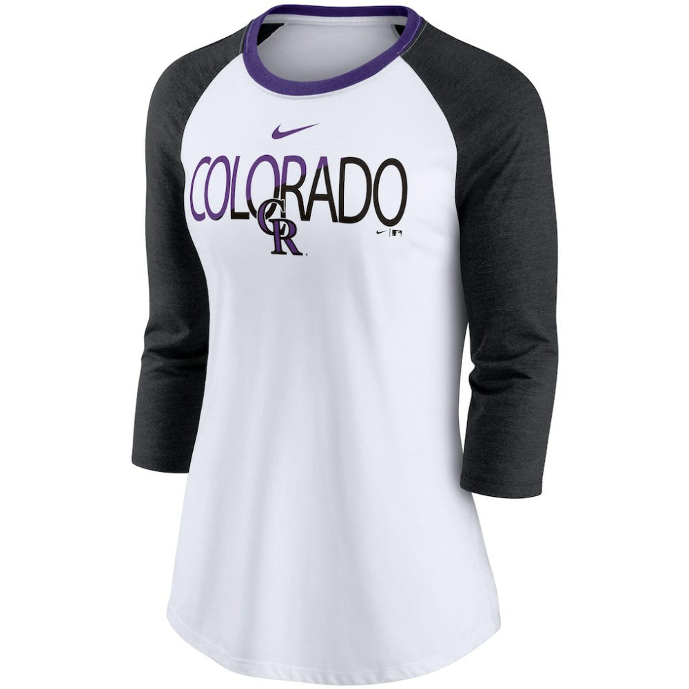 Colorado Rockies Nike Women's Color Split Tri-Blend 3/4-Sleeve Raglan T-Shirt - White/Heathered Black T-shirts