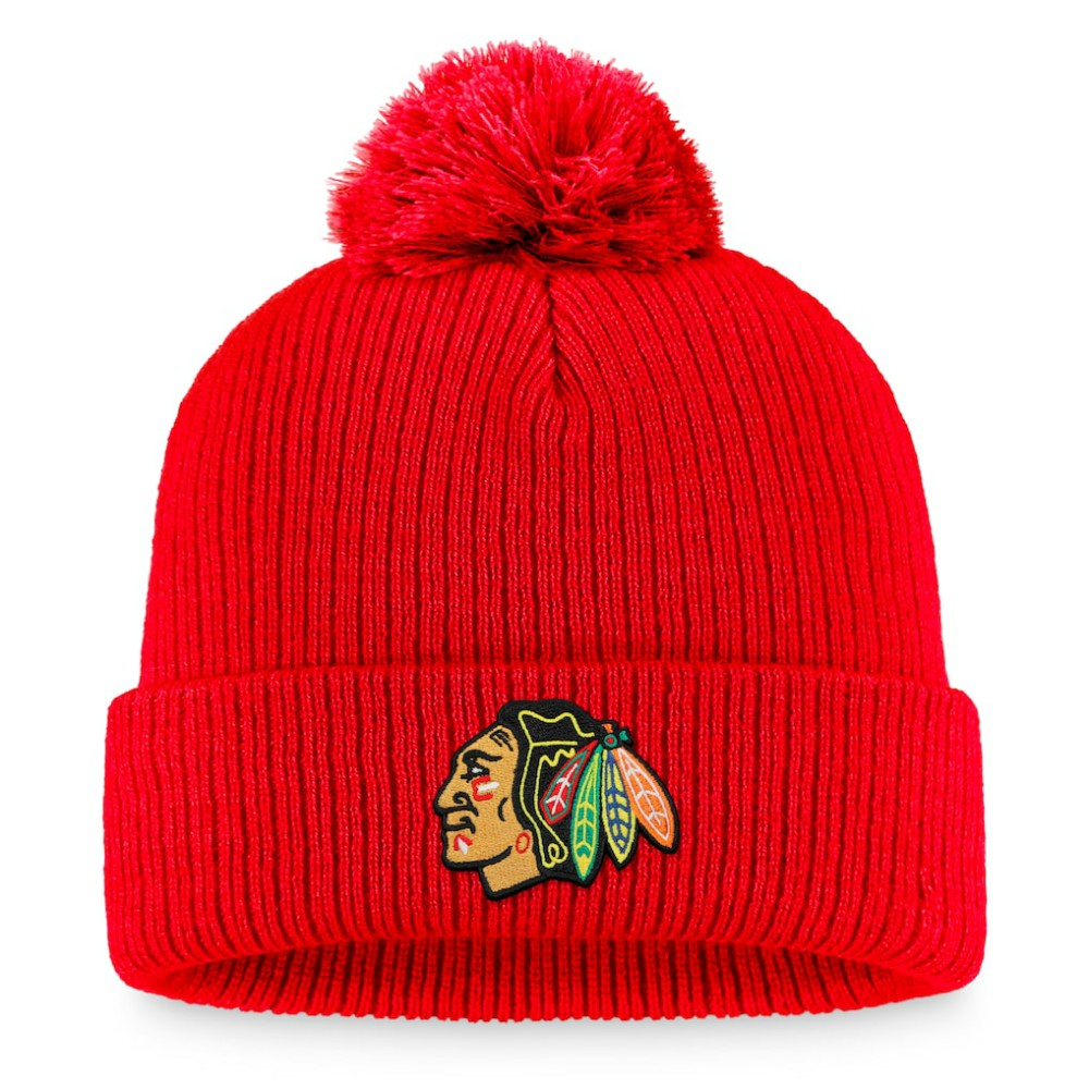 Chicago Blackhawks Fanatics Primary Logo Cuffed Knit Hat with Pom - Red | US 3970394