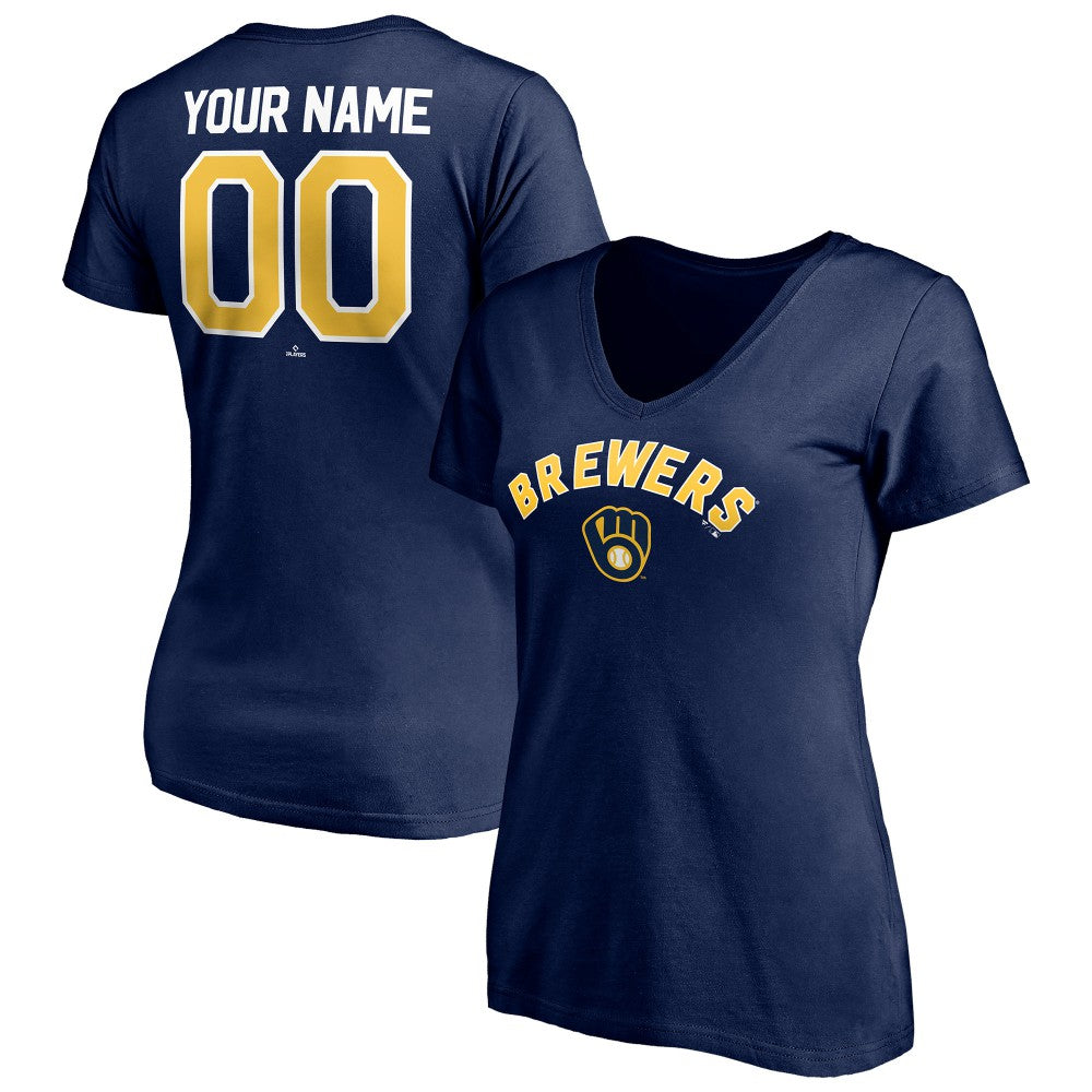 Milwaukee Brewers Women's Personalized Winning Streak Name & Number V-Neck T-Shirt - Navy T-shirts