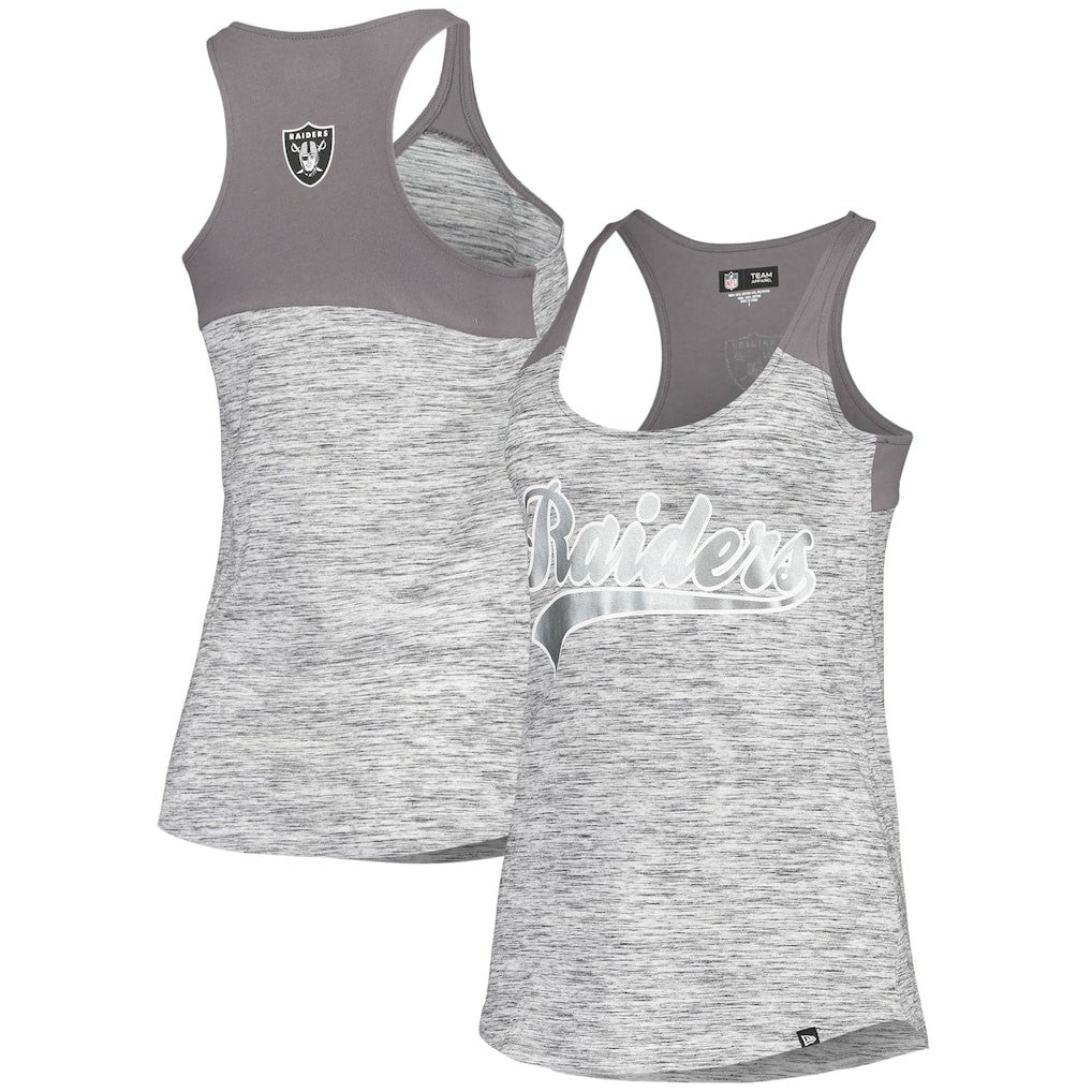 Las Vegas Raiders New Era Women's Space Dye Racerback Scoop Neck Tank Top - Silver/Black Tops