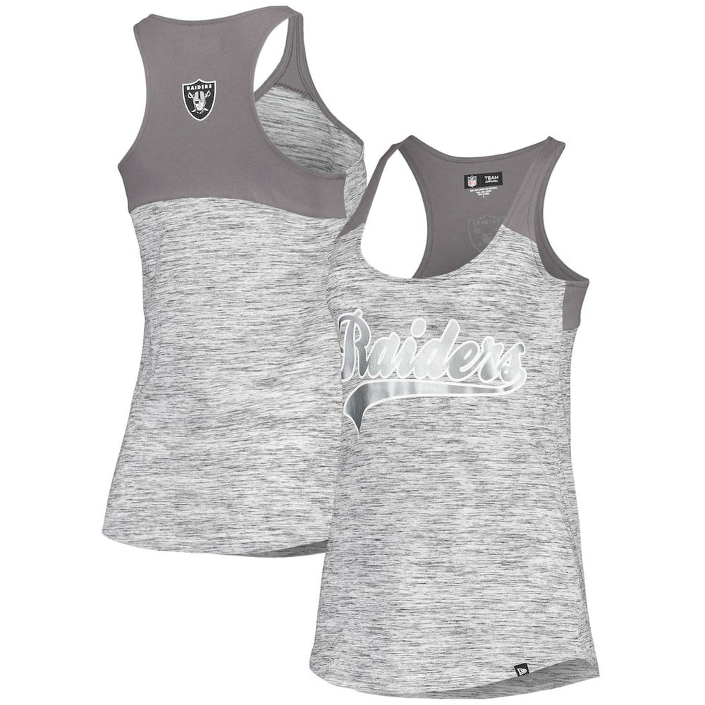 Las Vegas Raiders New Era Women's Space Dye Racerback Scoop Neck Tank Top - Silver/Black Tops
