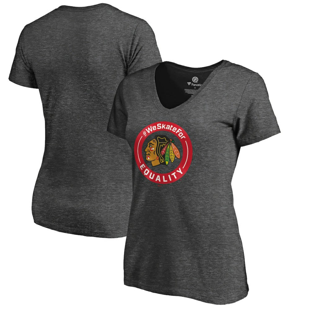 Chicago Blackhawks Women's #WeSkateFor V-Neck T-Shirt - Heather Gray | US 4017817