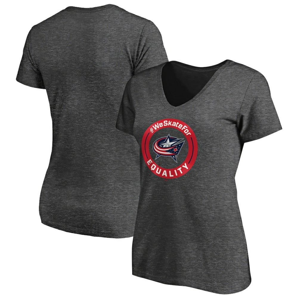 Columbus Blue Jackets Women's #WeSkateFor V-Neck T-Shirt - Heather Gray | US 4017819
