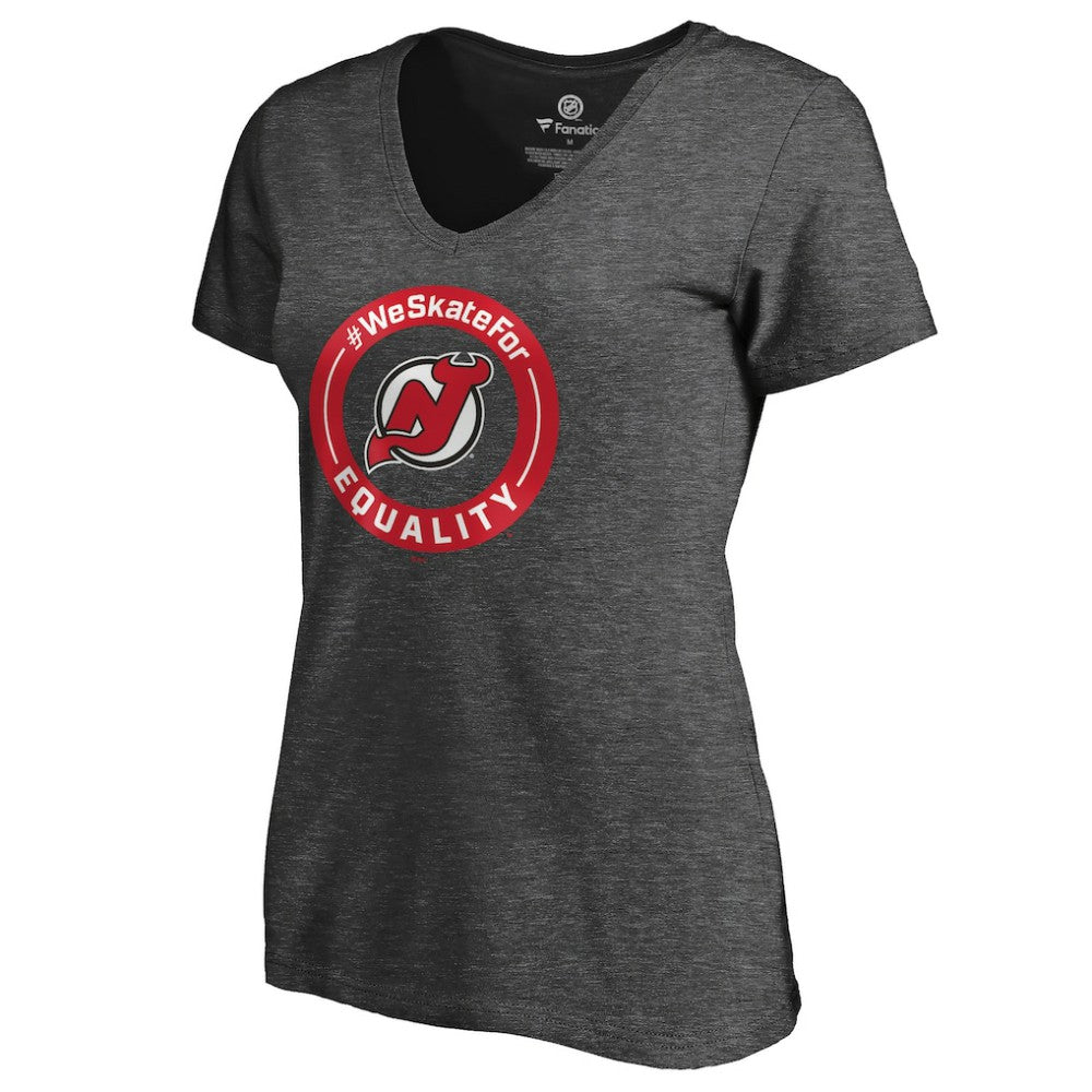 New Jersey Devils Women's #WeSkateFor V-Neck T-Shirt - Heather Gray | US 4017829