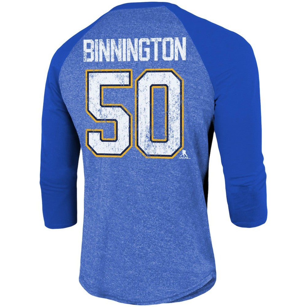 Jordan Binnington St. Louis Blues Fanatics Name & Number Tri-Blend Raglan 3/4-Sleeve T-Shirt - Blue | US 4019059