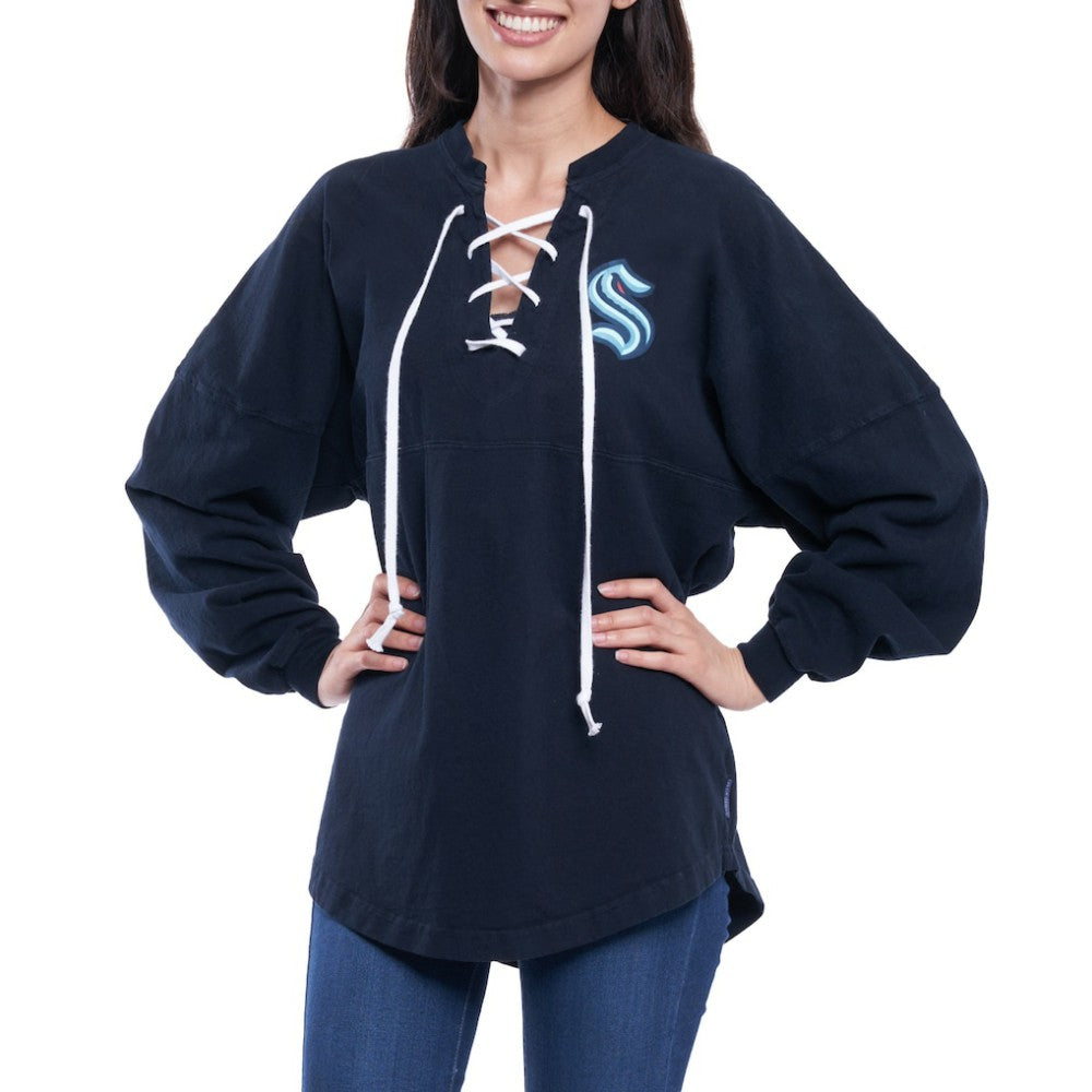 Seattle Kraken Fanatics Women's Lace Up Long Sleeve Spirit Top - Navy | US 4025072