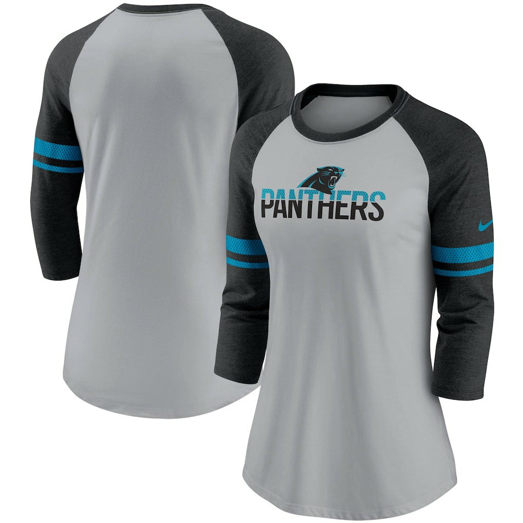 Carolina Panthers Women's Stripe Mesh Nickname Tri-Blend 3/4-Sleeve T-Shirt - Heathered Gray/Black T-shirts