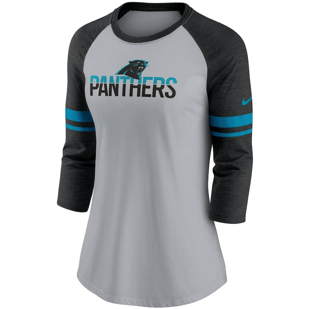 Carolina Panthers Women's Stripe Mesh Nickname Tri-Blend 3/4-Sleeve T-Shirt - Heathered Gray/Black T-shirts