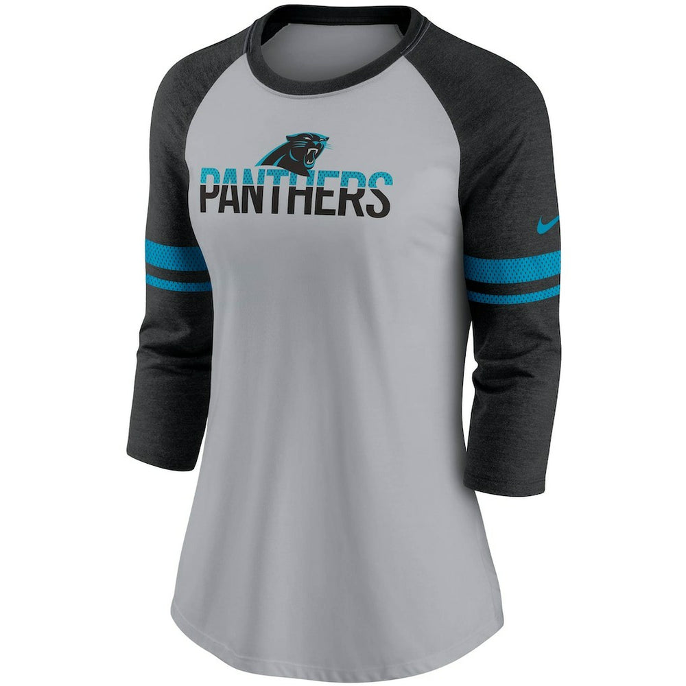 Carolina Panthers Women's Stripe Mesh Nickname Tri-Blend 3/4-Sleeve T-Shirt - Heathered Gray/Black T-shirts
