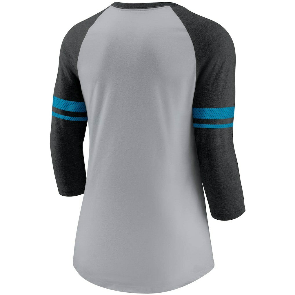 Carolina Panthers Women's Stripe Mesh Nickname Tri-Blend 3/4-Sleeve T-Shirt - Heathered Gray/Black T-shirts