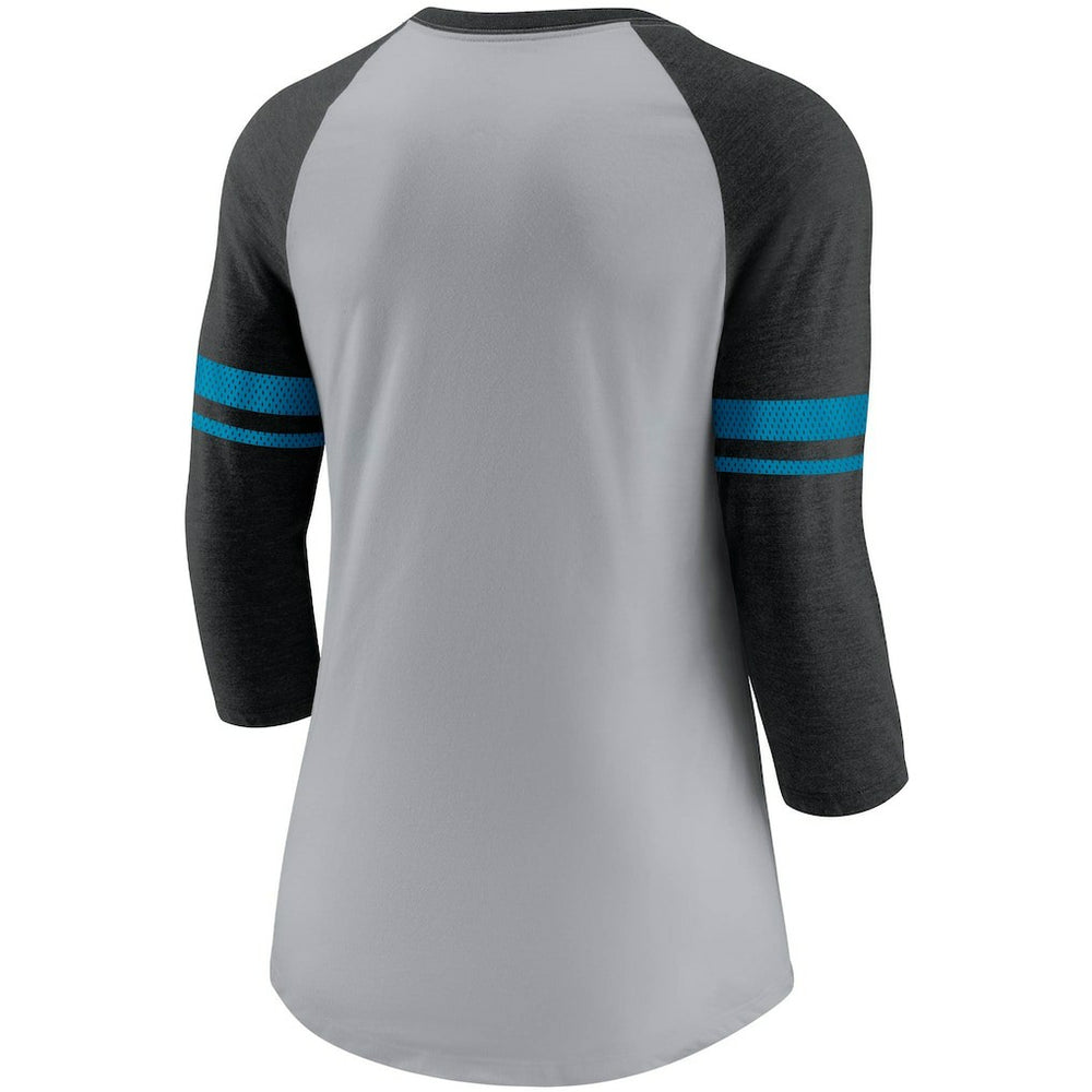 Carolina Panthers Women's Stripe Mesh Nickname Tri-Blend 3/4-Sleeve T-Shirt - Heathered Gray/Black T-shirts