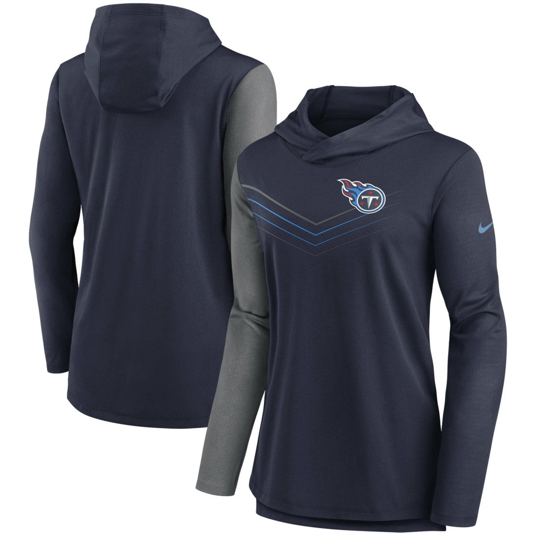 Tennessee Titans Women's Chevron Hoodie Performance Long Sleeve T-Shirt - Navy/Heathered Charcoal Hoodies