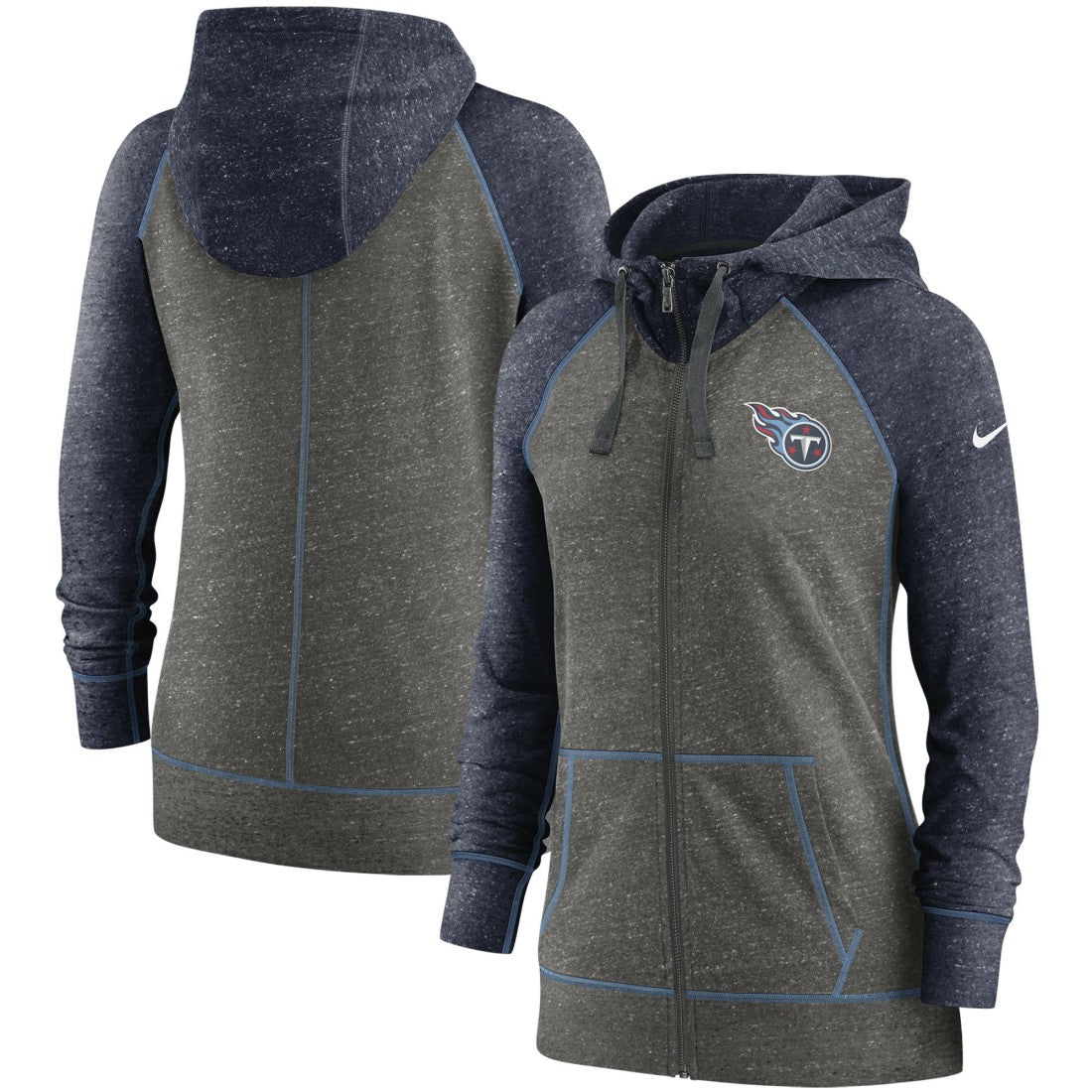Tennessee Titans Women's Gym Vintage Raglan Full-Zip Hoodie - Heathered Charcoal/Navy Hoodies