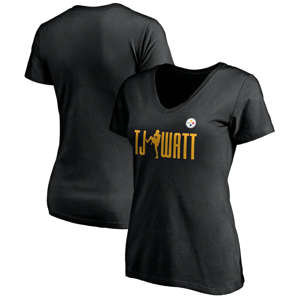 T.J. Watt Pittsburgh Steelers Women's Checkdown V-Neck T-Shirt - Black T-shirts