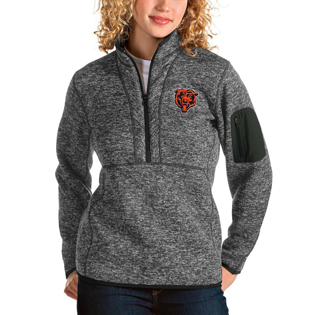Chicago Bears Antigua Women's Bear Head Fortune Half-Zip Pullover Jacket - Heather Charcoal Pullover
