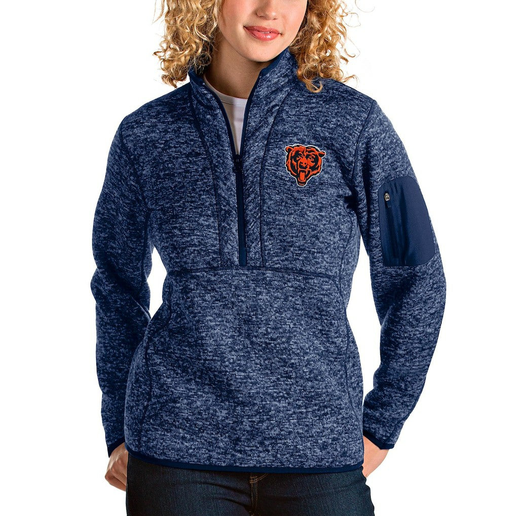 Chicago Bears Antigua Women's Bear Head Fortune Half-Zip Pullover Jacket - Heather Navy Pullover