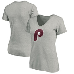 Philadelphia Phillies Women's Cooperstown Collection Huntington Logo V-Neck T-Shirt - Heathered Gray T-shirts