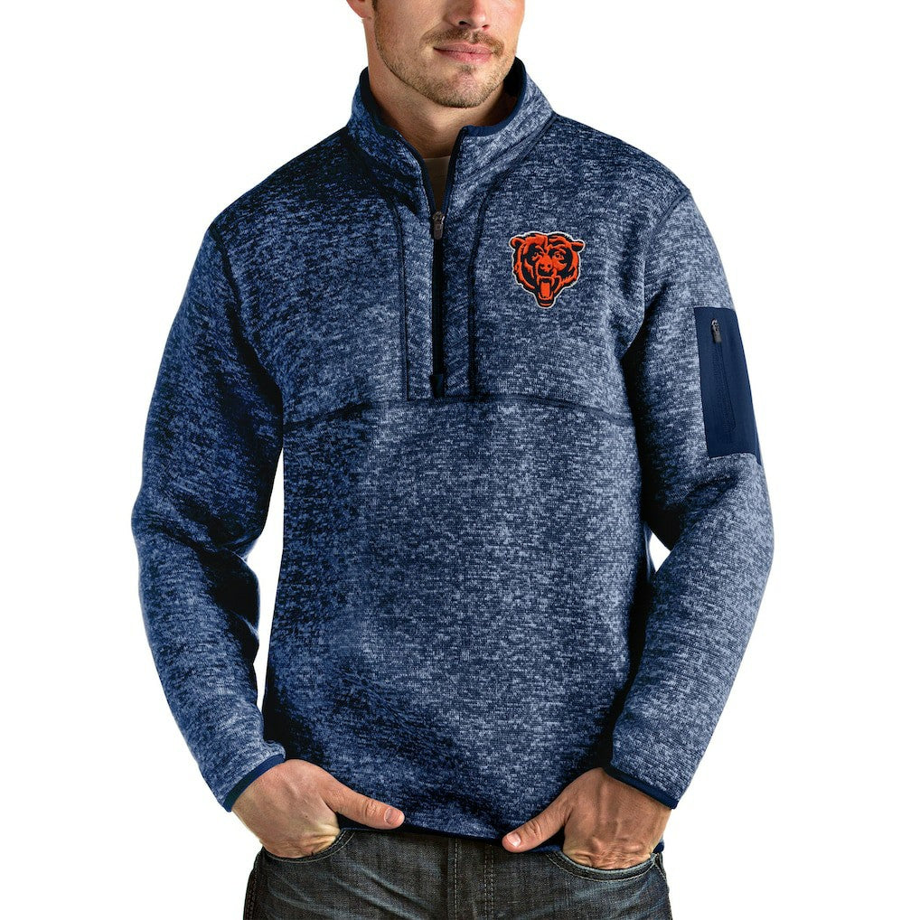 Chicago Bears Antigua Bear Head Fortune Quarter-Zip Pullover Jacket - Heather Navy Pullover
