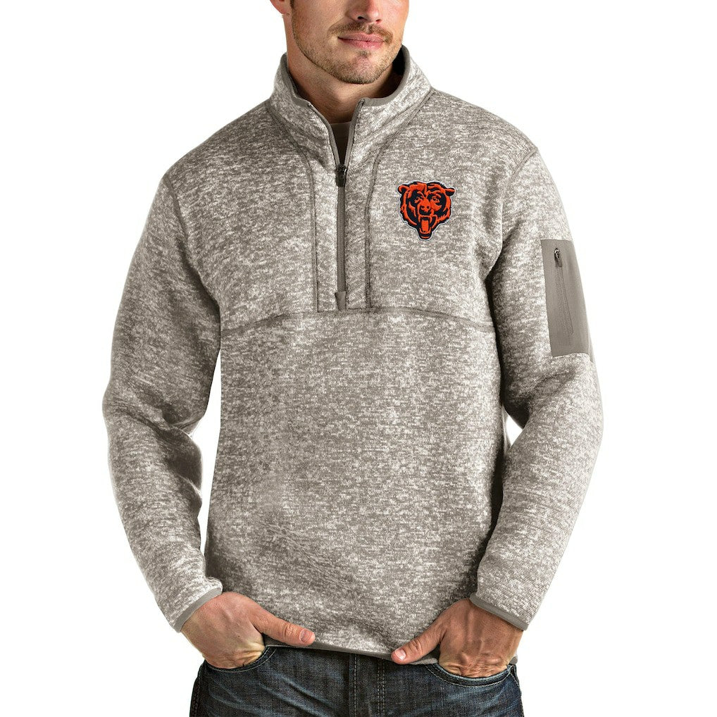 Chicago Bears Antigua Bear Head Fortune Quarter-Zip Pullover Jacket - Oatmeal Pullover