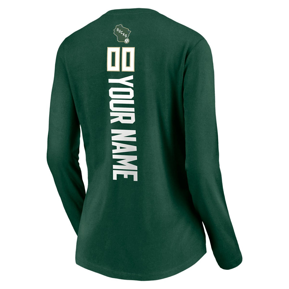 Milwaukee Bucks Women's Playmaker Personalized Name & Number Long Sleeve V-Neck T-Shirt Hunter Green