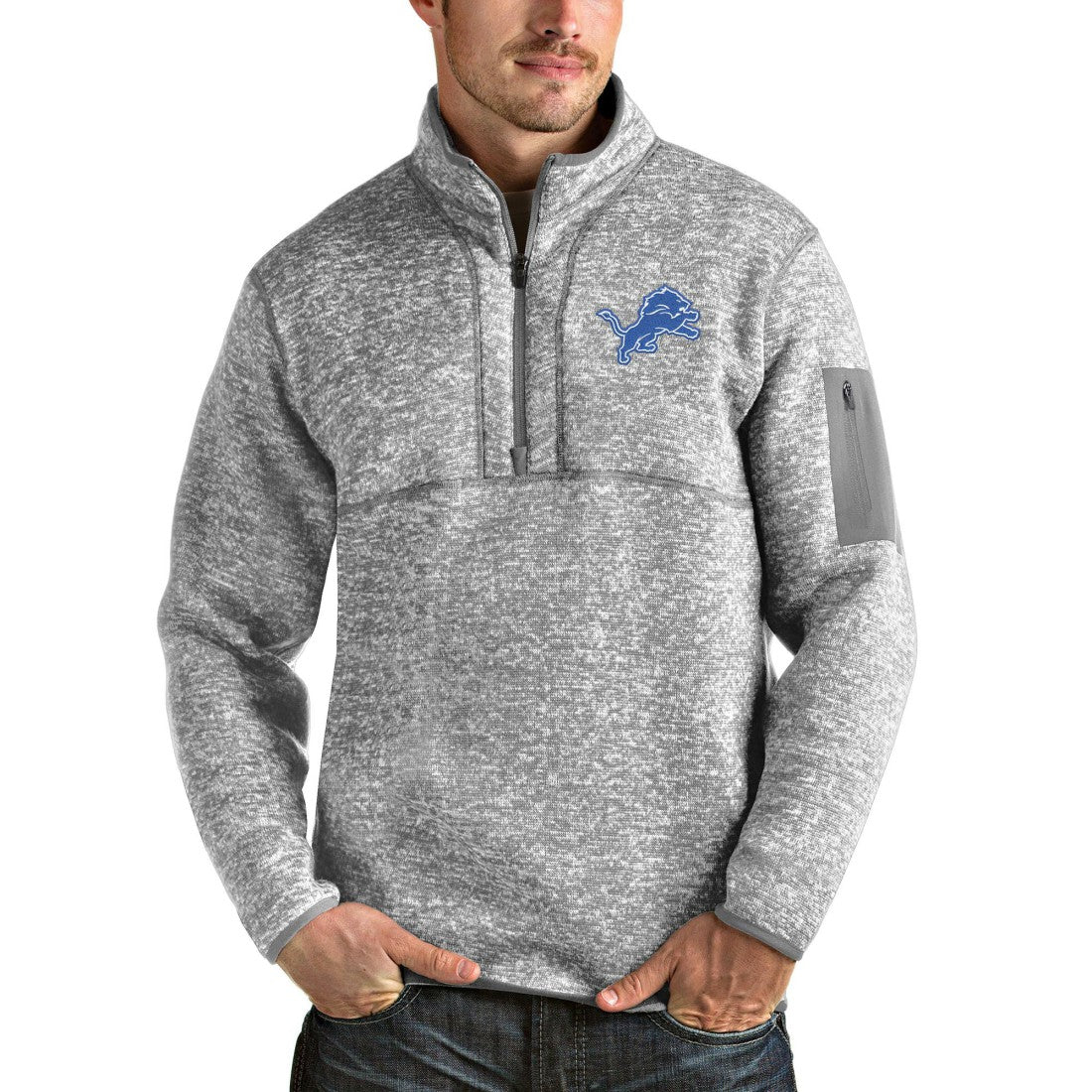 Detroit Lions Antigua Team Logo Fortune Quarter-Zip Pullover Jacket - Heather Gray Pullover