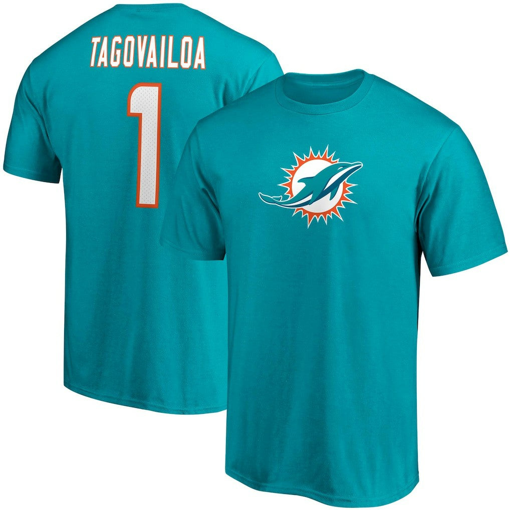 Tua Tagovailoa Miami Dolphins Player Icon Name & Number T-Shirt - Aqua T-shirts