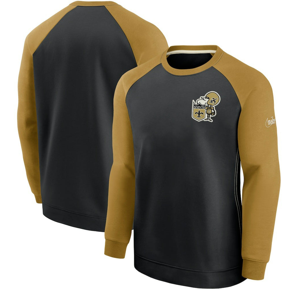 New Orleans Saints Historic Raglan Performance Pullover Sweater - Black/Gold Pullover