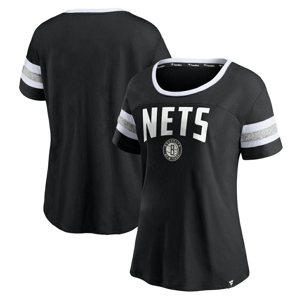 Brooklyn Nets Women's Block Party Striped Sleeve T-Shirt Black/Heathered Gray - Fanatics