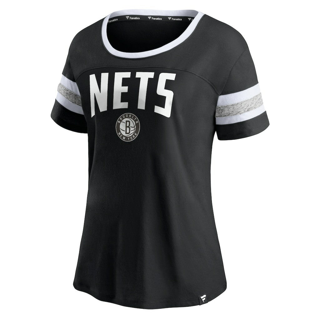 Brooklyn Nets Women's Block Party Striped Sleeve T-Shirt Black/Heathered Gray - Fanatics