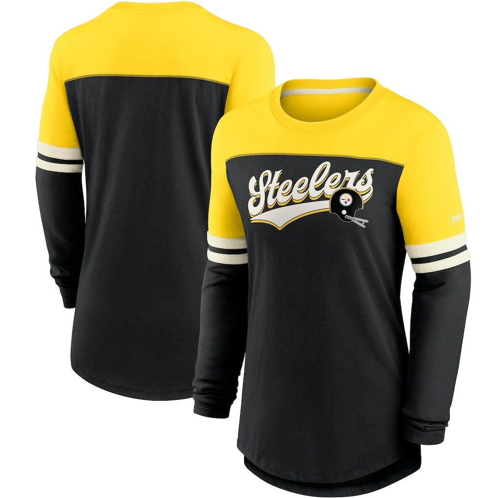 Pittsburgh Steelers Women's Retro Script Performance Tri-Blend Long Sleeve T-Shirt - Black/Gold T-shirts