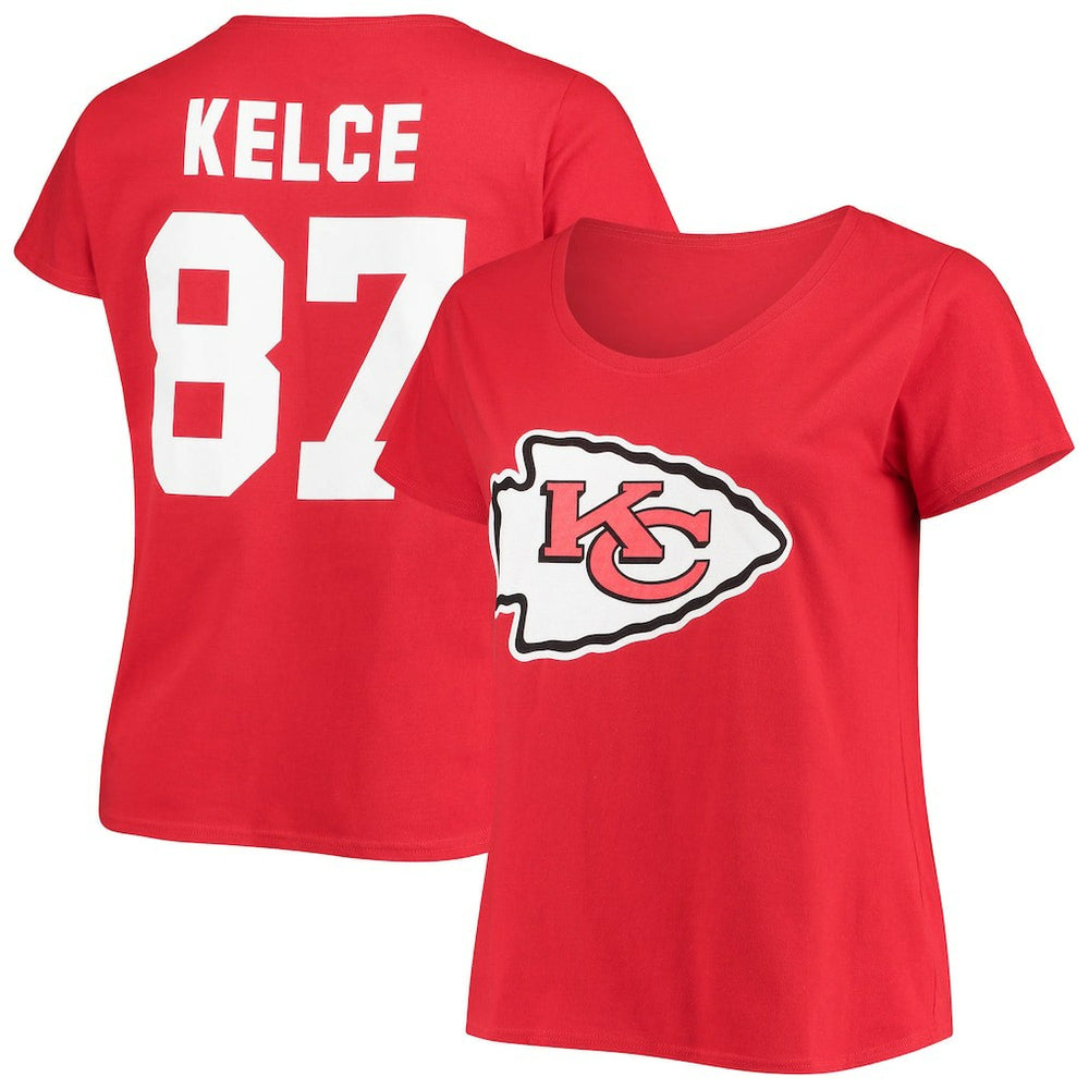 Travis Kelce Kansas City Chiefs Women's Plus Size Fair Catch Name & Number Scoop Neck T-Shirt - Red T-shirts